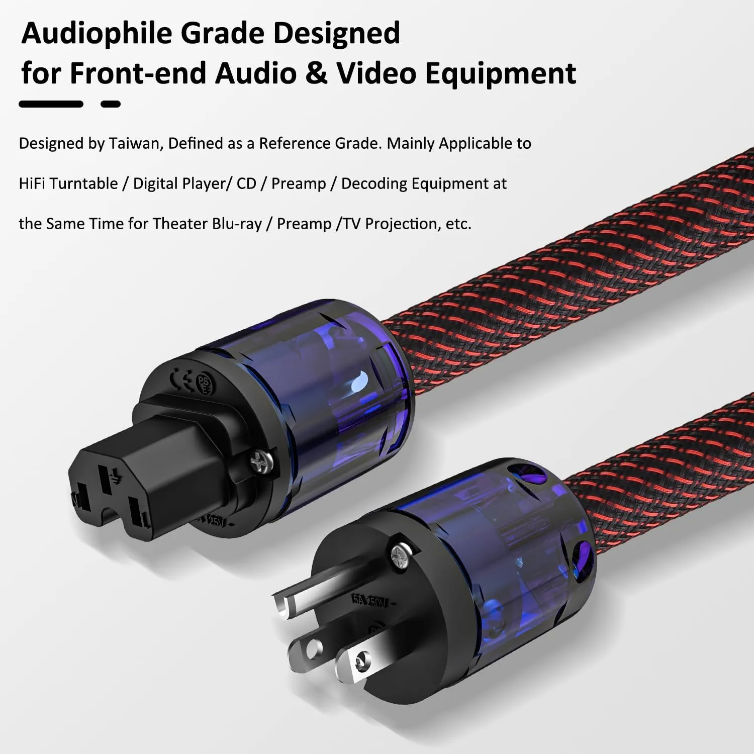 Audiocrast HiFi Power Cable, 10AWG, φ17MM, 4.9FT/1.5M, Hi-End Power Cord, OFC Conductor, Copper Shielding, AC Mains Cord with US Plug IEC C15 Connector