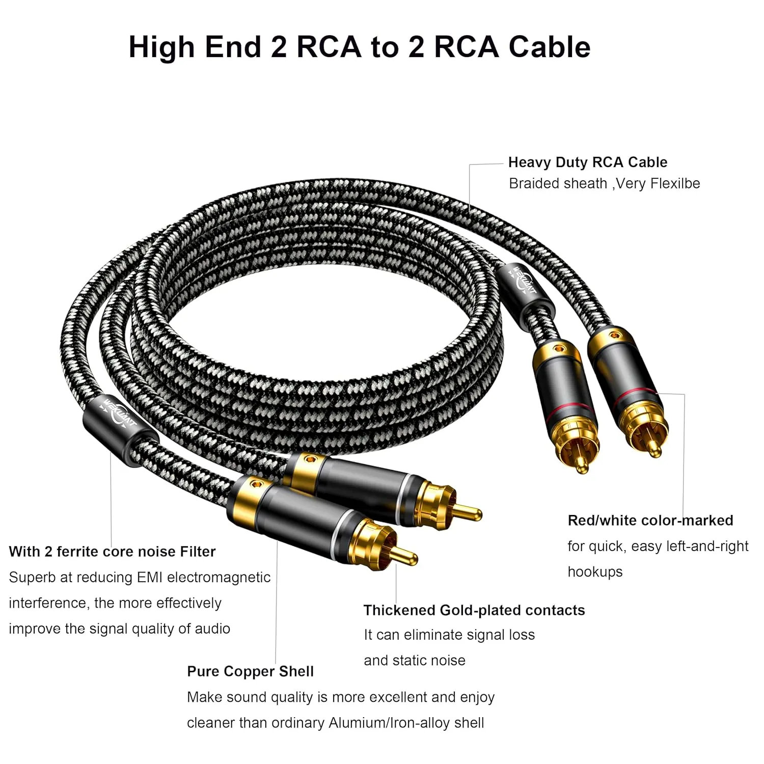 Audiophiles RCA Cable, 2RCA Male to 2RCA Male HiFi System Silvered-Plated Copper core with ferrite cores, Diameter 6.5mm (2m (6.5 Feet))