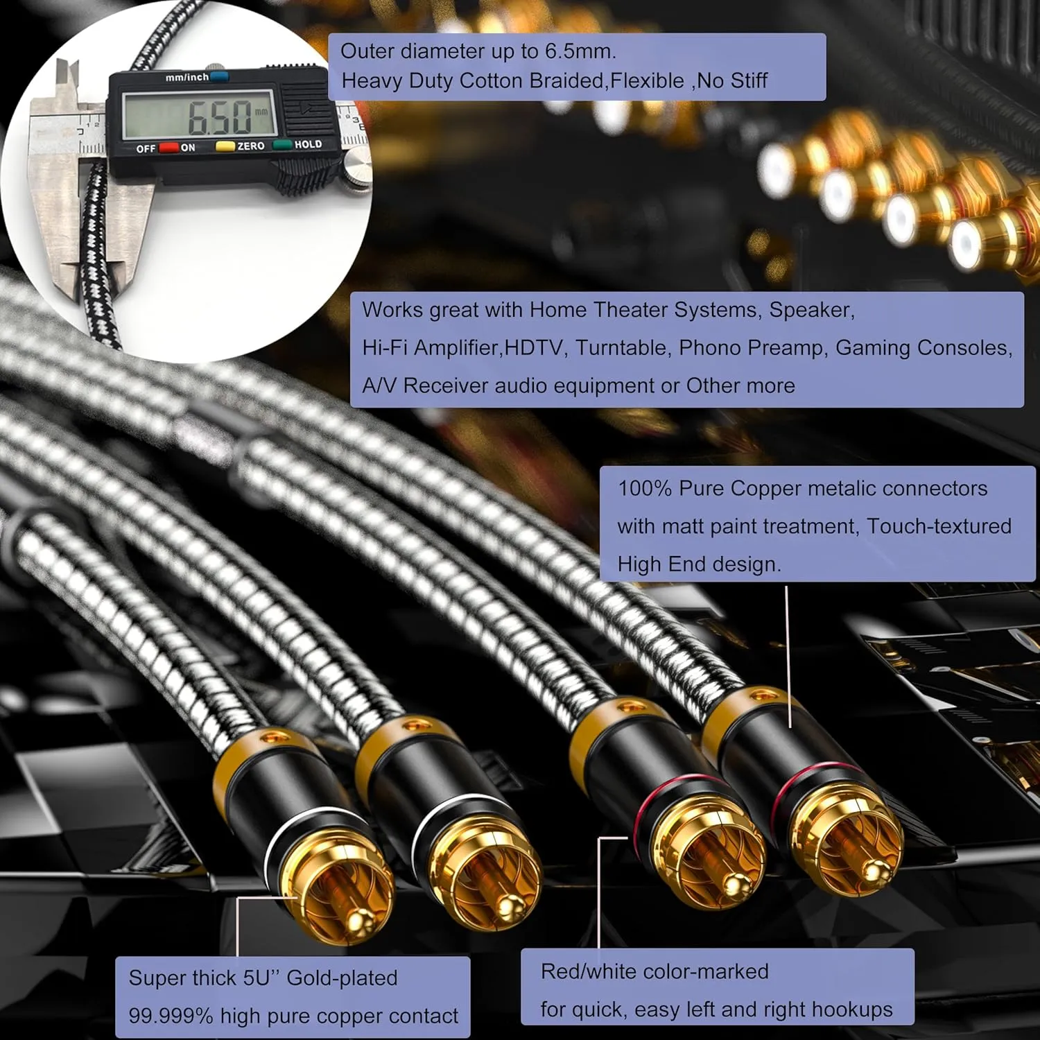 Audiophiles RCA Cable, 2RCA Male to 2RCA Male HiFi System Silvered-Plated Copper core with ferrite cores, Diameter 6.5mm (2m (6.5 Feet))