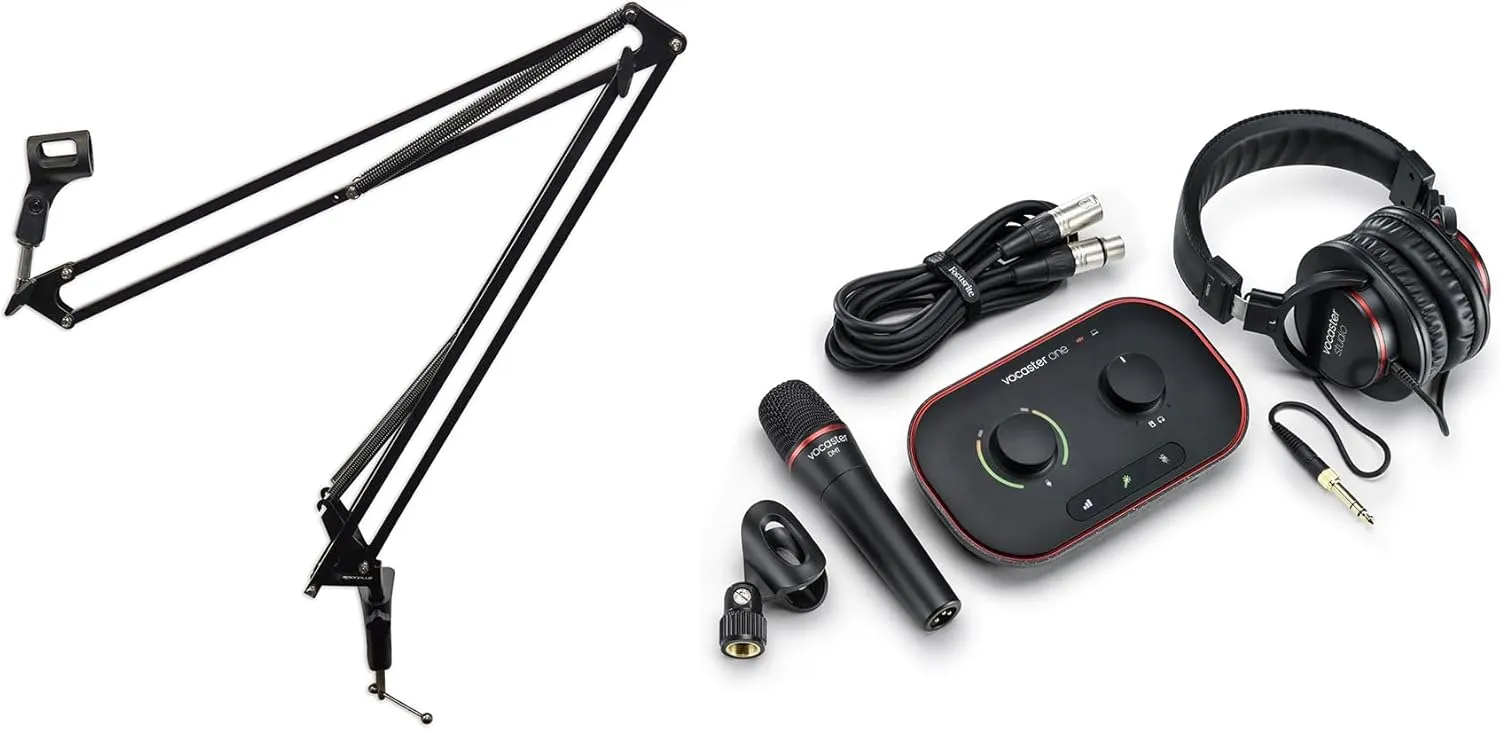 Audiosavings Bundle: (1) Focusrite Vocaster One Studio USB-C Podcasting Audio Interface Mic Headphones Bundle with (1) Rockville DMS40 40" Microphone Boom Arm USB Mic Stand Desk Clamp (2 Items)
