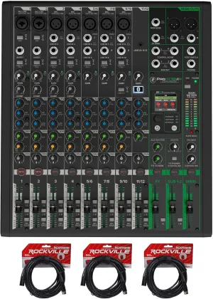 Audiosavings Bundle: (1) Mackie ProFX12v3  12-Channel Analog Mixer w/Enhanced FX/USB Recording/Bluetooth Bundle With (3) Rockville RCXFM20E-B 20 Foot Female to Male XLR Mic Cable Black 100% Copper