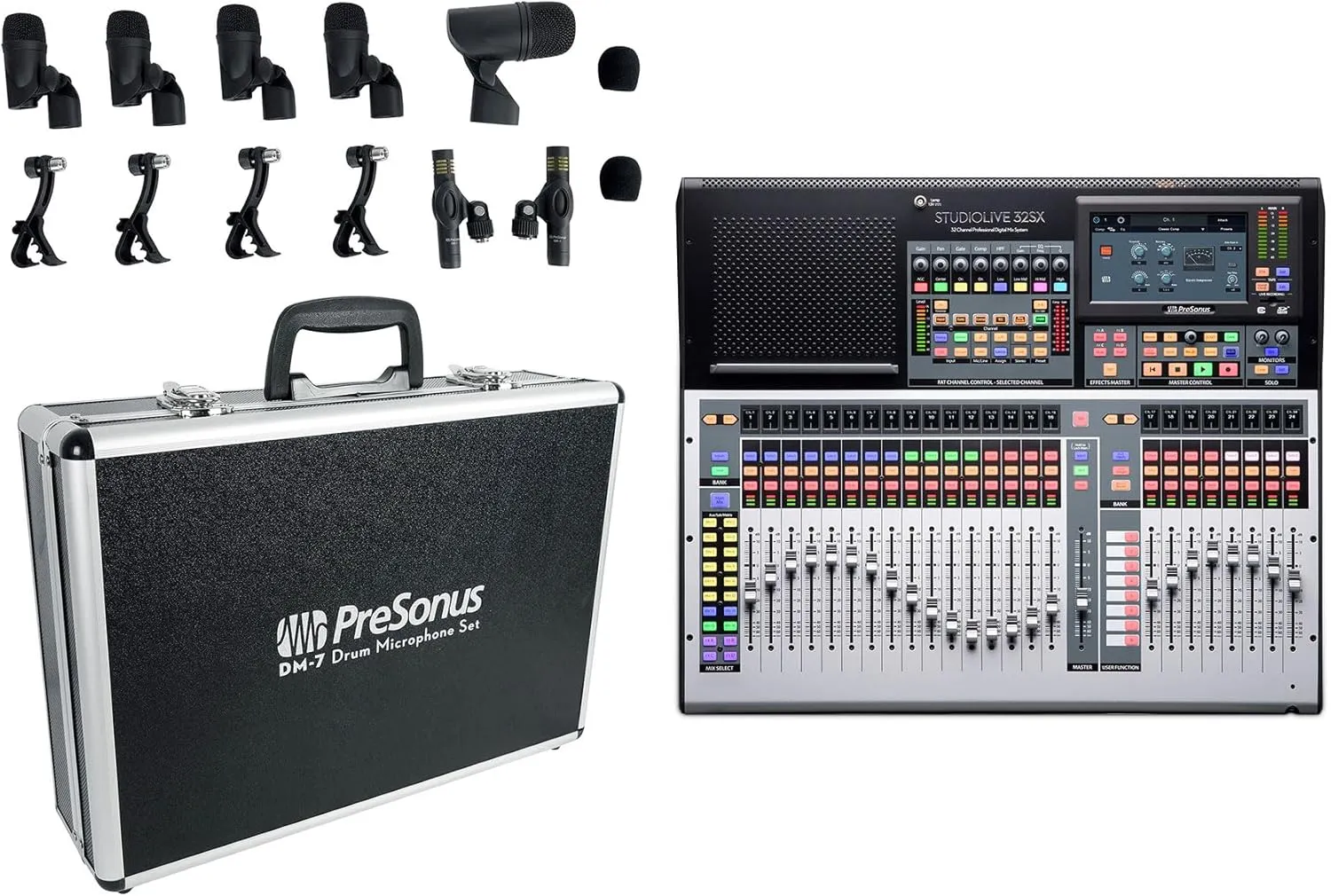 Audiosavings Bundle: (1) Presonus STUDIOLIVE 32SX Compact 32-Ch. 22-Bus Digital Mixer Recording Interface Bundle With (1) PRESONUS DM-7 Seven-Piece Drum Microphone Kit 7 Drum Mics w/Case (Items 2)