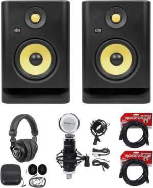Audiosavings Bundle (1)RV PRO-M50 Headphones bundle with (1) RV RCM03 Microphone Mic Metal Shock Mount &(2)RV RCXFM20E-B XLR Mic Cable & (2) KRK ROKIT RP5G4 Bi-Amped Studio Monitor Speaker (items 6)