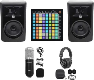 Audiosavings Bundle: (2) JBL 306PMKII 6" Powered Studio Reference Monitor Speaker Bundle with (1) MK3 Ableton MIDI Pad Controller,(1) PRO-M50 Headphones, (1) RCM01 Condenser Microphone (5 Items)