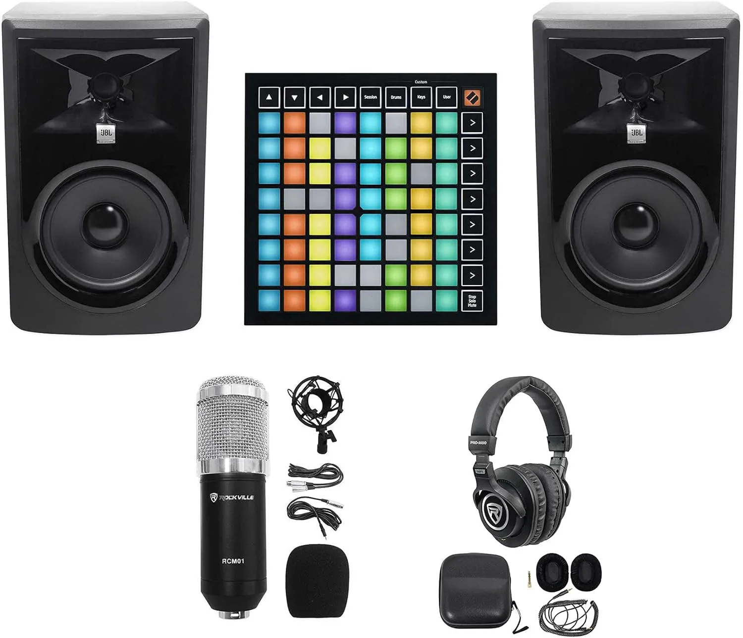 Audiosavings Bundle: (2) JBL 306PMKII 6" Powered Studio Reference Monitor Speaker Bundle with (1) MK3 Ableton MIDI Pad Controller,(1) PRO-M50 Headphones, (1) RCM01 Condenser Microphone (5 Items)