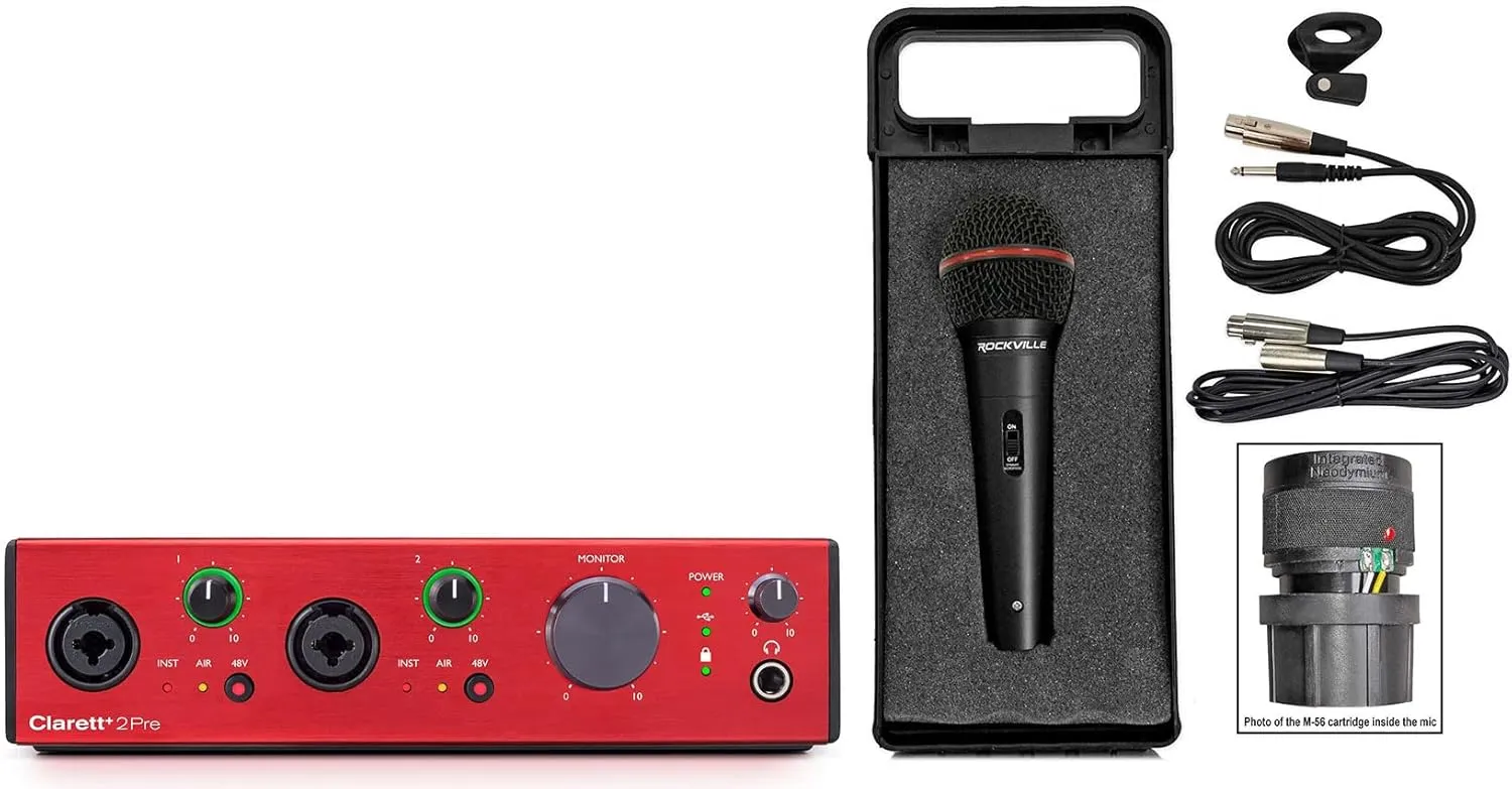 Audiosavings Bundle: Focusrite Clarett 2Pre USB-C Audio Recording Interface, 2 Mic Preamps/JFET/ADAT Bundle with Rockville RMIC-SR Handheld DJ Vocal Recording Wired Microphone Cable Mic Case (2 Items)
