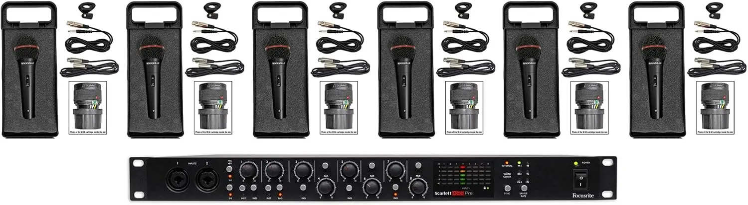 Audiosavings Bundle: Focusrite Scarlett OctoPre Microphone Preamp w/ADAT 192 kHz 109dB Bundle with (6) Rockville RMIC-SR Handheld DJ Vocal Recording Wired Microphone Cables Mic Case (7 Items)