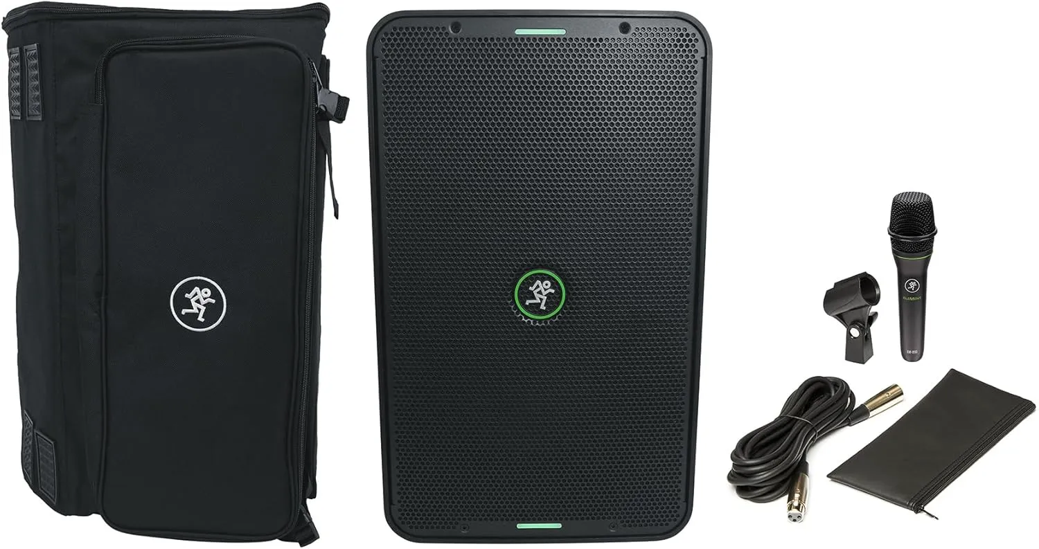 Audiosavings Bundle: Mackie ShowBox DJ PA Bluetooth Speaker Mixer Recording Interface Bundle with EM-89D Vocal Dynamic Microphone Cable Clip and Mackie Gig Bag Carry Case Backpack (3 Items)