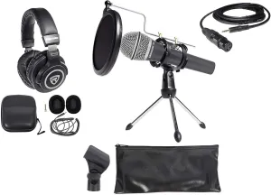 Audiosavings Bundle: Samson Q8x Pro Handheld Vocal Microphone Mic Clip Carry Bag Bundle with Rockville RXLR-AUX XLR to 1/8" TRS AUX Cable, Desktop Tripod Microphone Stand, Studio Headphones (4 Items)
