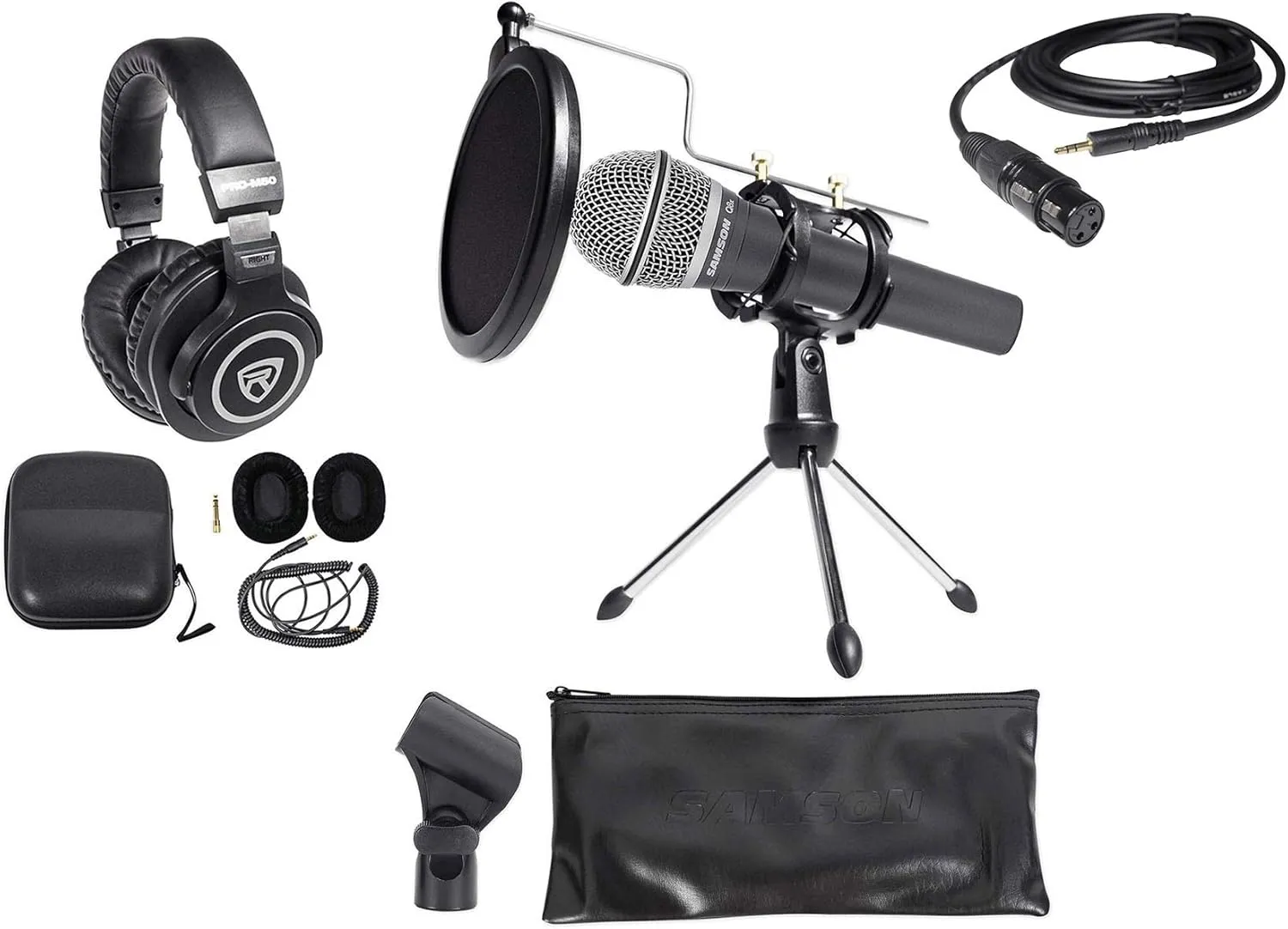 Audiosavings Bundle: Samson Q8x Pro Handheld Vocal Microphone Mic Clip Carry Bag Bundle with Rockville RXLR-AUX XLR to 1/8" TRS AUX Cable, Desktop Tripod Microphone Stand, Studio Headphones (4 Items)