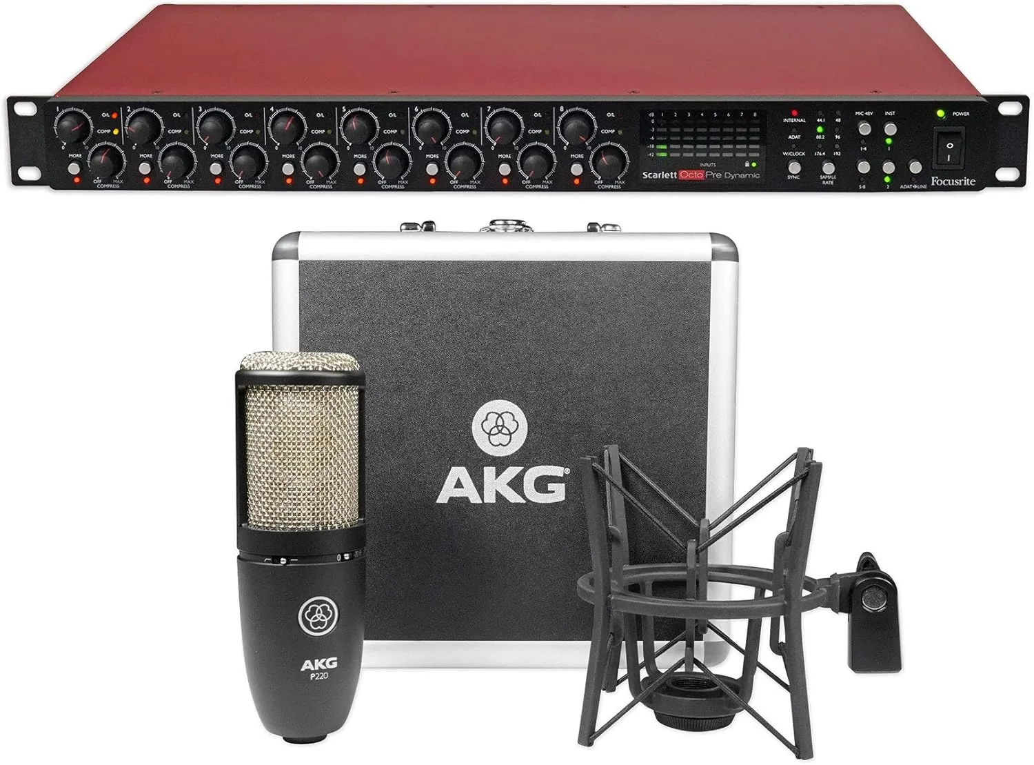 Audiosavings Bundle: Scarlett OctoPre Dynamic 8-Channel Microphone Mic Preamp ADAT 192 kHz Bundle with P220 Studio Condenser Microphone Recording Mic Shockmount Carry Case (2 Items)