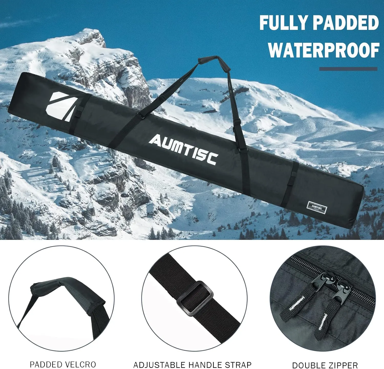 AUMTISC Fully Padded Ski Bag, Single Ski Travel Bags to Transport Skis Gear with Pocket and Adjustable Shoulder Strap, 170 185 cm