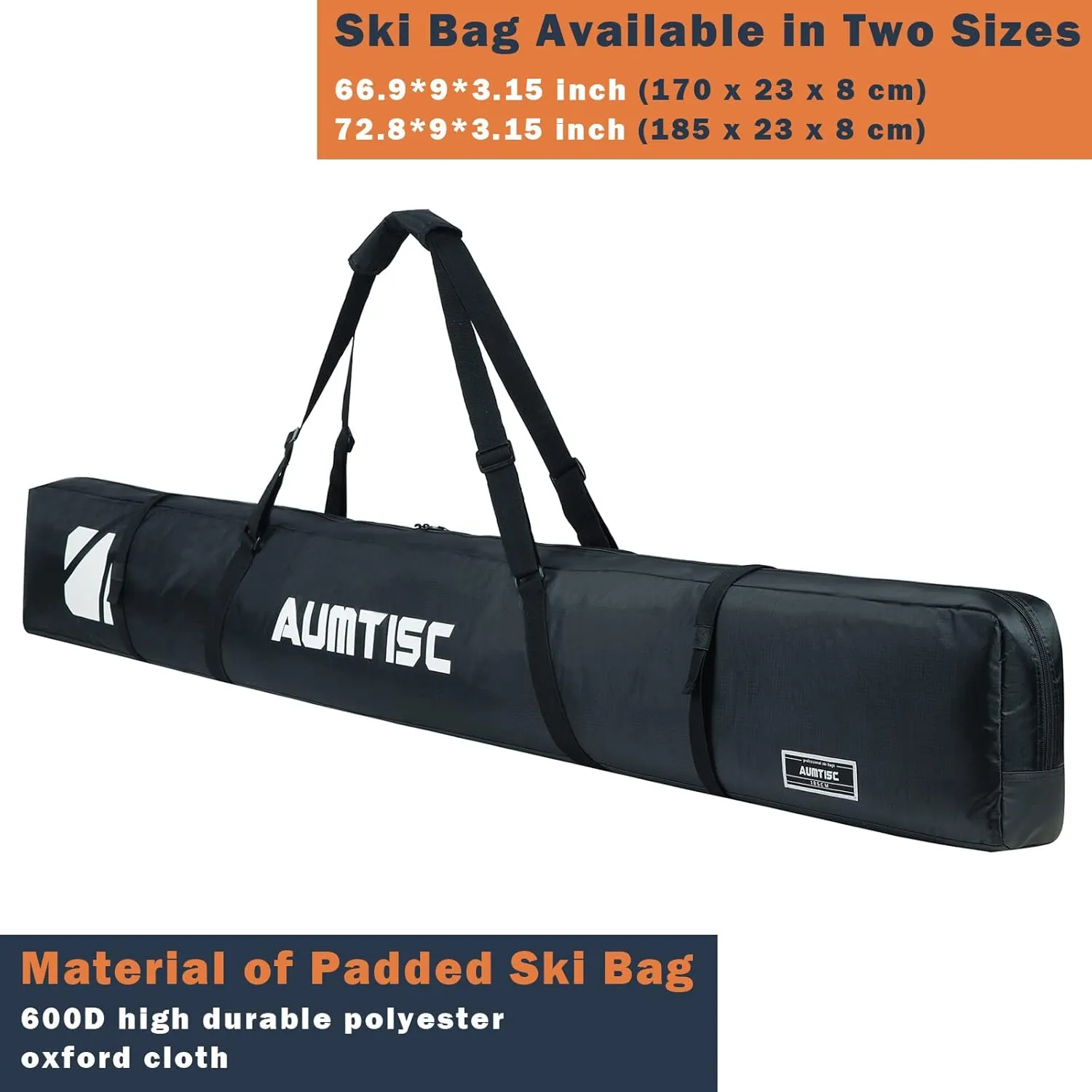 AUMTISC Fully Padded Ski Bag, Single Ski Travel Bags to Transport Skis Gear with Pocket and Adjustable Shoulder Strap, 170 185 cm