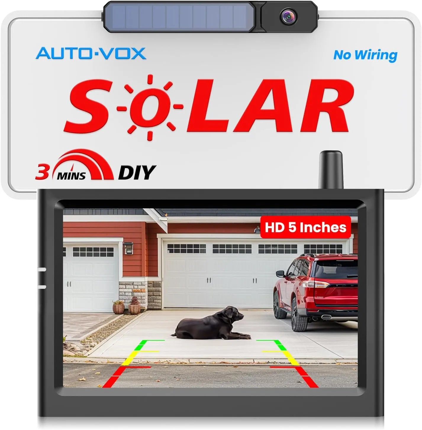 AUTO-VOX Solar Wireless Backup Camera with 5" HD Monitor: 3 Mins DIY Installation & Battery Powered Back Up Camera Systems, IP69K Waterproof Reverse Camera for Car, Van, SUV, Truck, Trailer