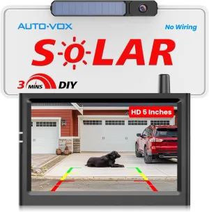 AUTO-VOX Solar Wireless Backup Camera with 5" HD Monitor: 3 Mins DIY Installation & Battery Powered Back Up Camera Systems, IP69K Waterproof Reverse Camera for Car, Van, SUV, Truck, Trailer