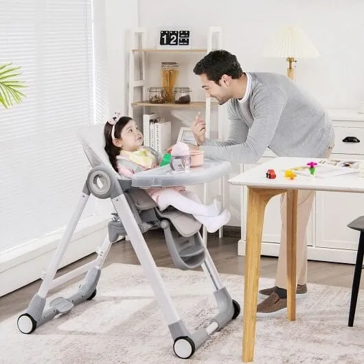 Baby Folding Convertible High Chair with Wheels and Adjustable Height-Gray - Col
