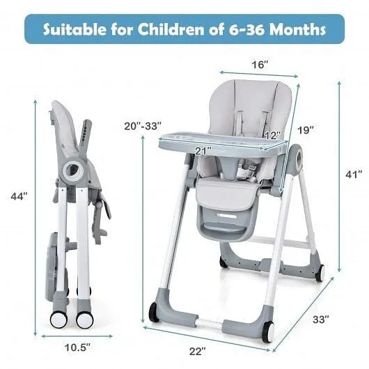 Baby Folding Convertible High Chair with Wheels and Adjustable Height-Gray - Col