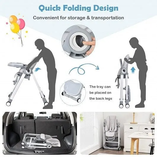 Baby Folding Convertible High Chair with Wheels and Adjustable Height-Gray - Col