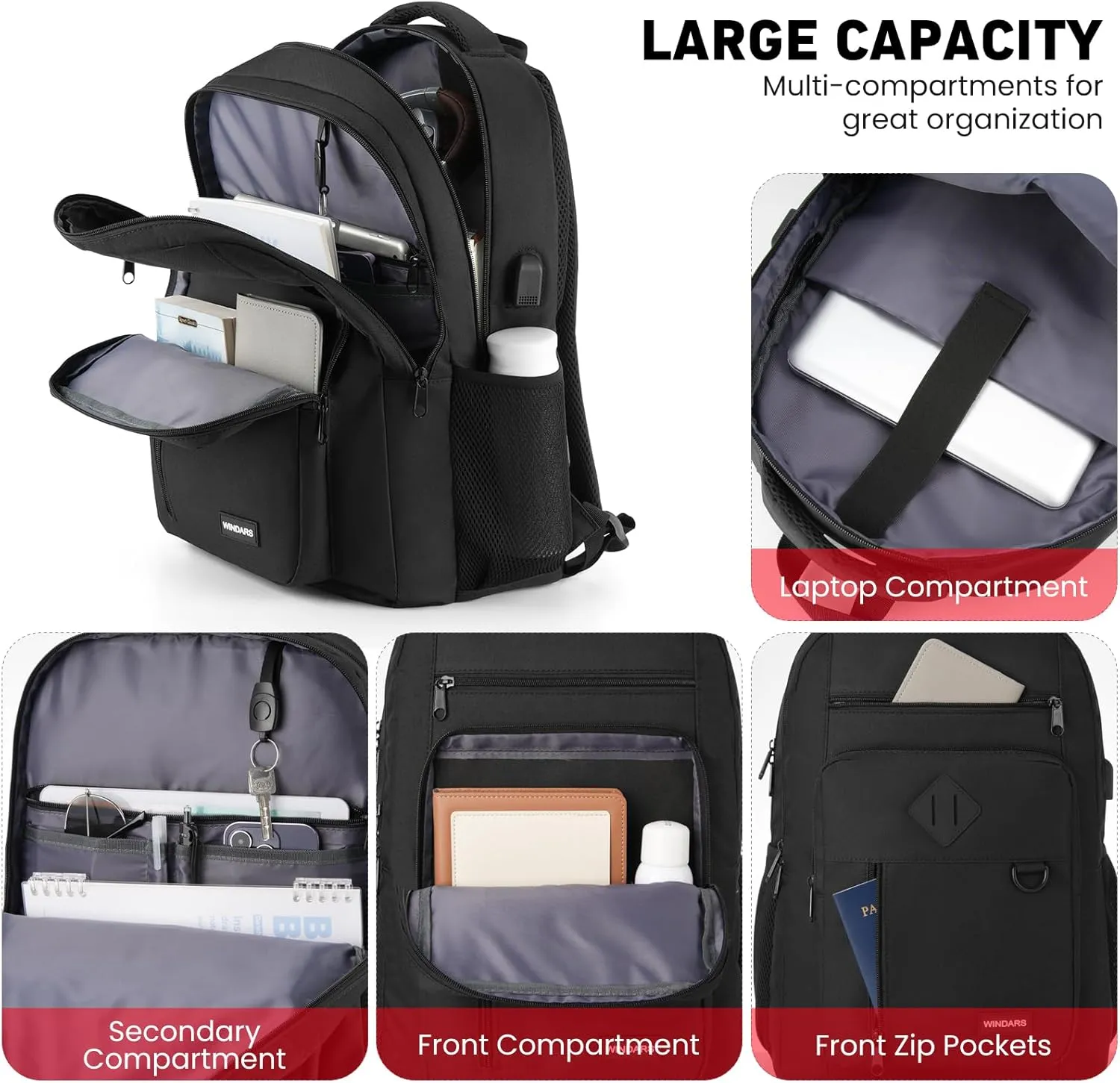 Backpack for Men and Women, Casual School Backpack Teen Boys and Girls Lightweight 17.3 Inch Laptop Bookbag with USB Charger for College Work Travel (Black)