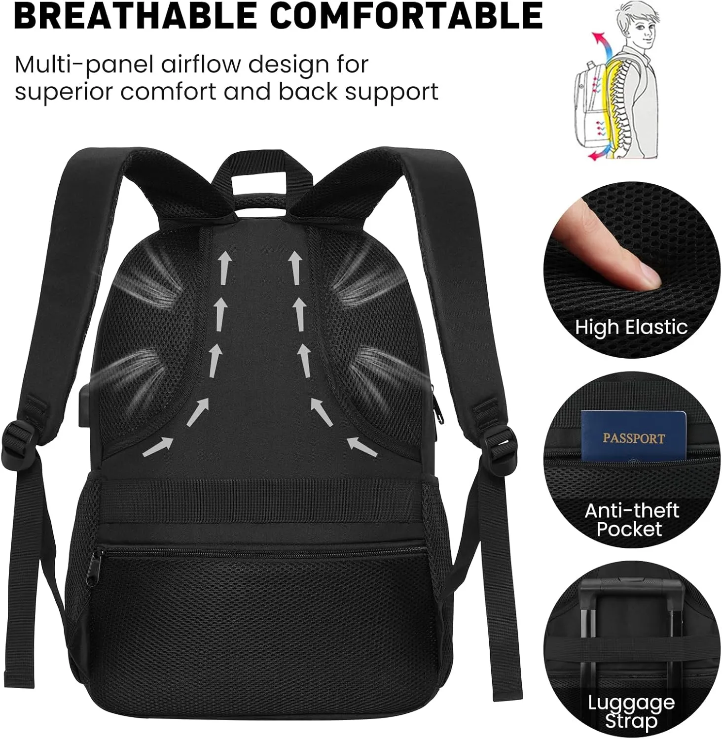 Backpack for Men and Women, Casual School Backpack Teen Boys and Girls Lightweight 17.3 Inch Laptop Bookbag with USB Charger for College Work Travel (Black)