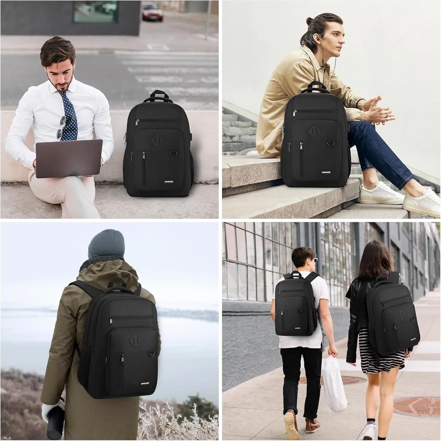 Backpack for Men and Women, Casual School Backpack Teen Boys and Girls Lightweight 17.3 Inch Laptop Bookbag with USB Charger for College Work Travel (Black)