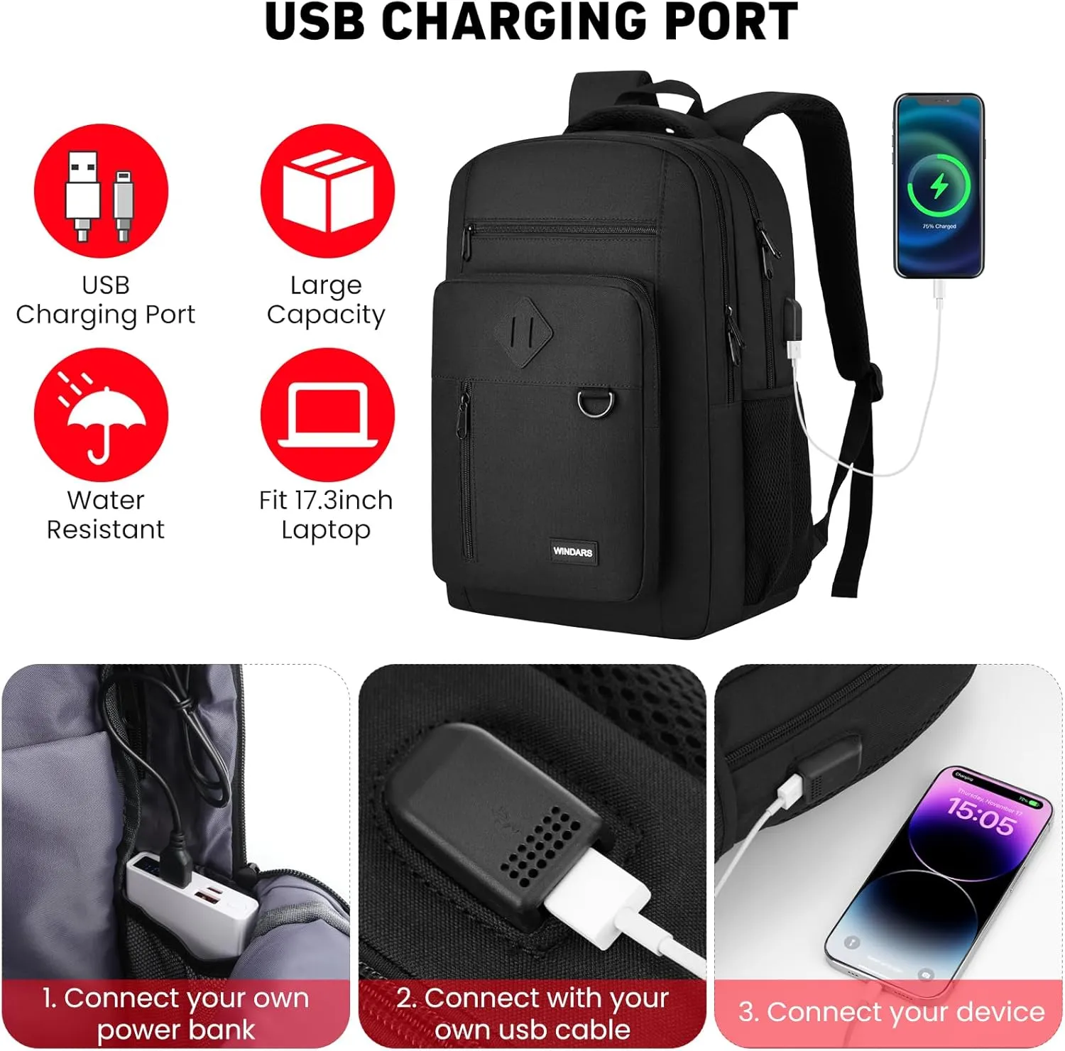 Backpack for Men and Women, Casual School Backpack Teen Boys and Girls Lightweight 17.3 Inch Laptop Bookbag with USB Charger for College Work Travel (Black)