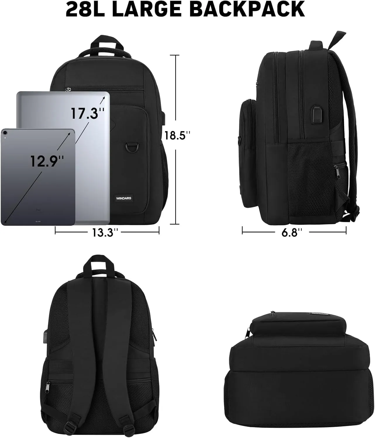 Backpack for Men and Women, Casual School Backpack Teen Boys and Girls Lightweight 17.3 Inch Laptop Bookbag with USB Charger for College Work Travel (Black)