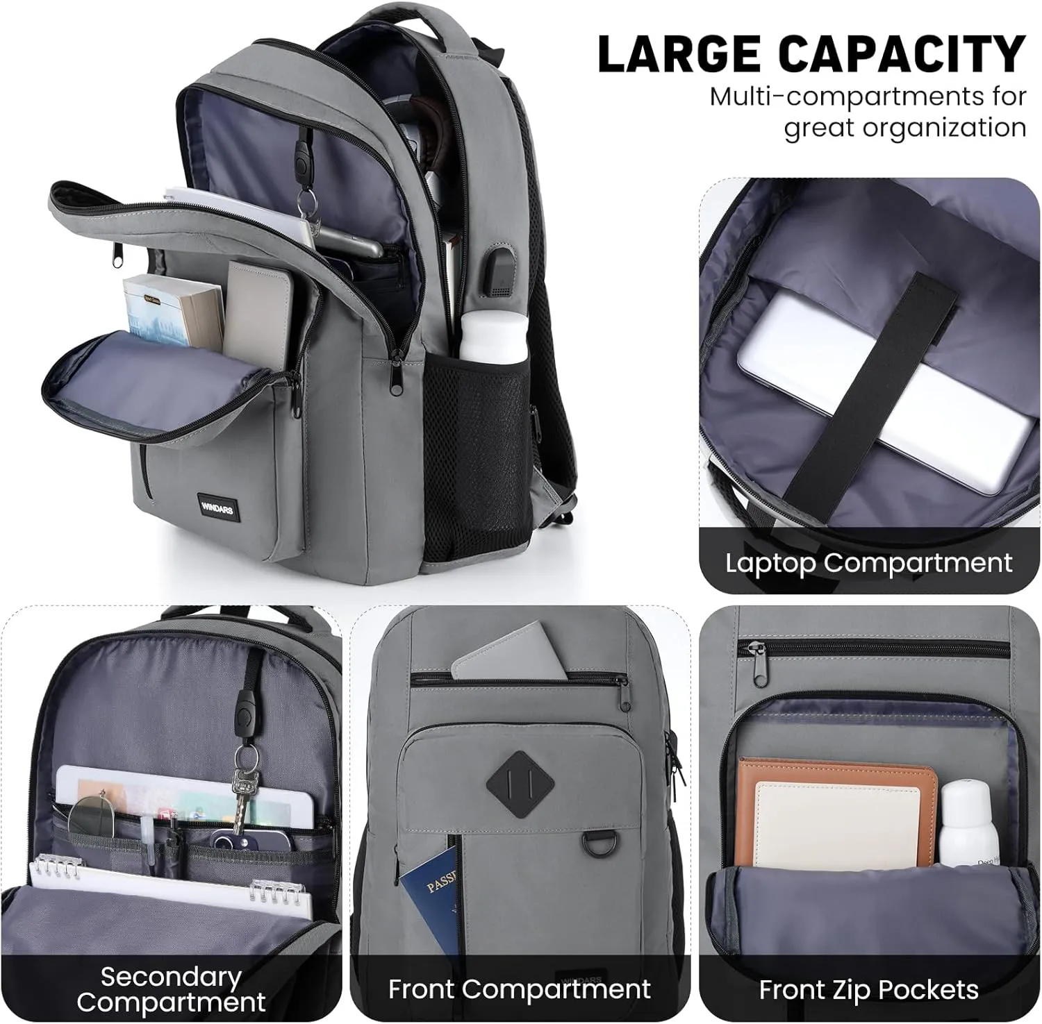 Backpack for Men and Women, Casual School Backpack Teen Boys and Girls Lightweight 17.3 Inch Laptop Bookbag with USB Charger for College Work Travel (Dark Gray)