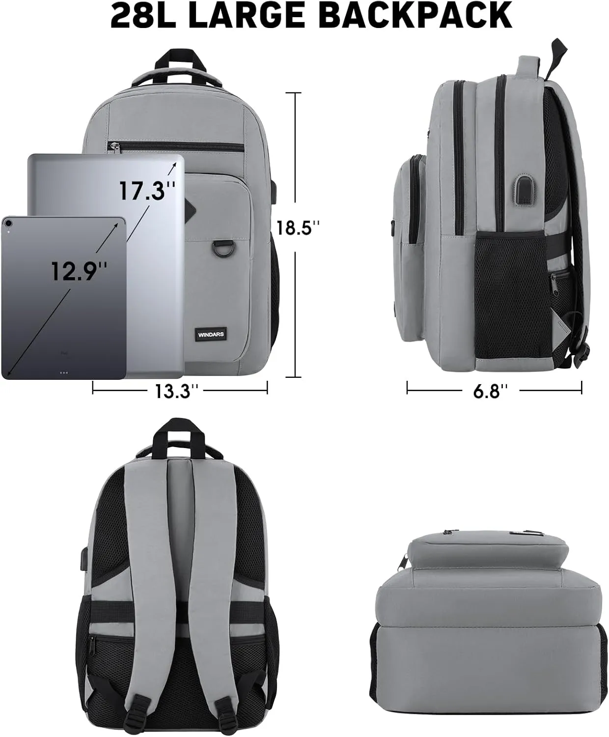 Backpack for Men and Women, Casual School Backpack Teen Boys and Girls Lightweight 17.3 Inch Laptop Bookbag with USB Charger for College Work Travel (Dark Gray)
