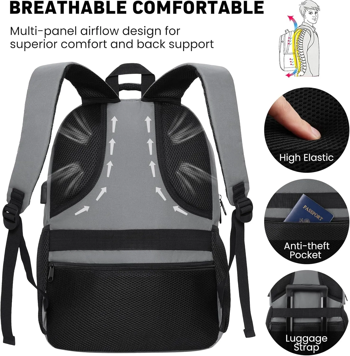 Backpack for Men and Women, Casual School Backpack Teen Boys and Girls Lightweight 17.3 Inch Laptop Bookbag with USB Charger for College Work Travel (Dark Gray)