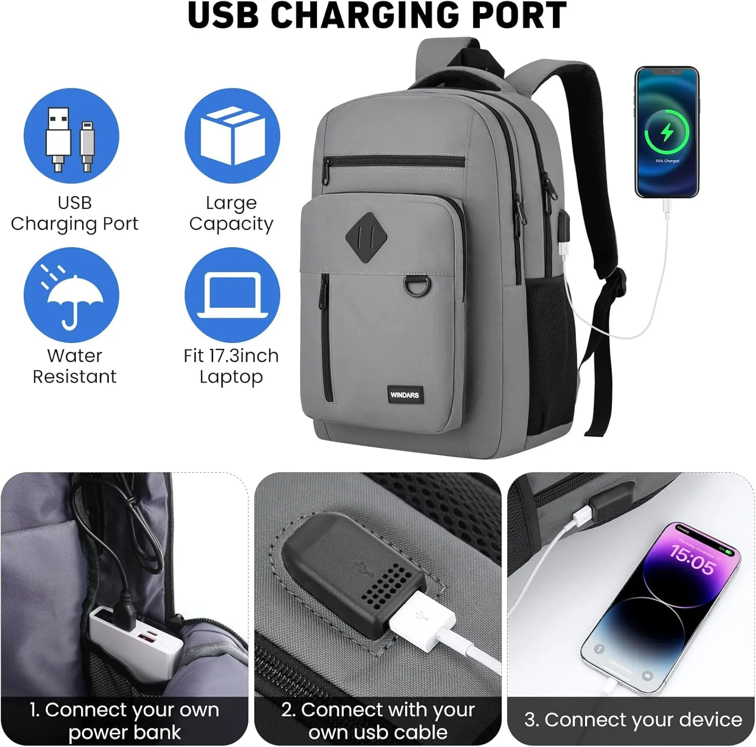 Backpack for Men and Women, Casual School Backpack Teen Boys and Girls Lightweight 17.3 Inch Laptop Bookbag with USB Charger for College Work Travel (Dark Gray)