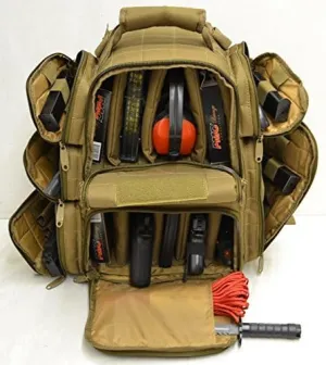 Backpack   Range Bag with Large Padded Deluxe Tactical Divider and 9 Clip Mag Holder - Rangemaster Gear Bag Explorer, Tan