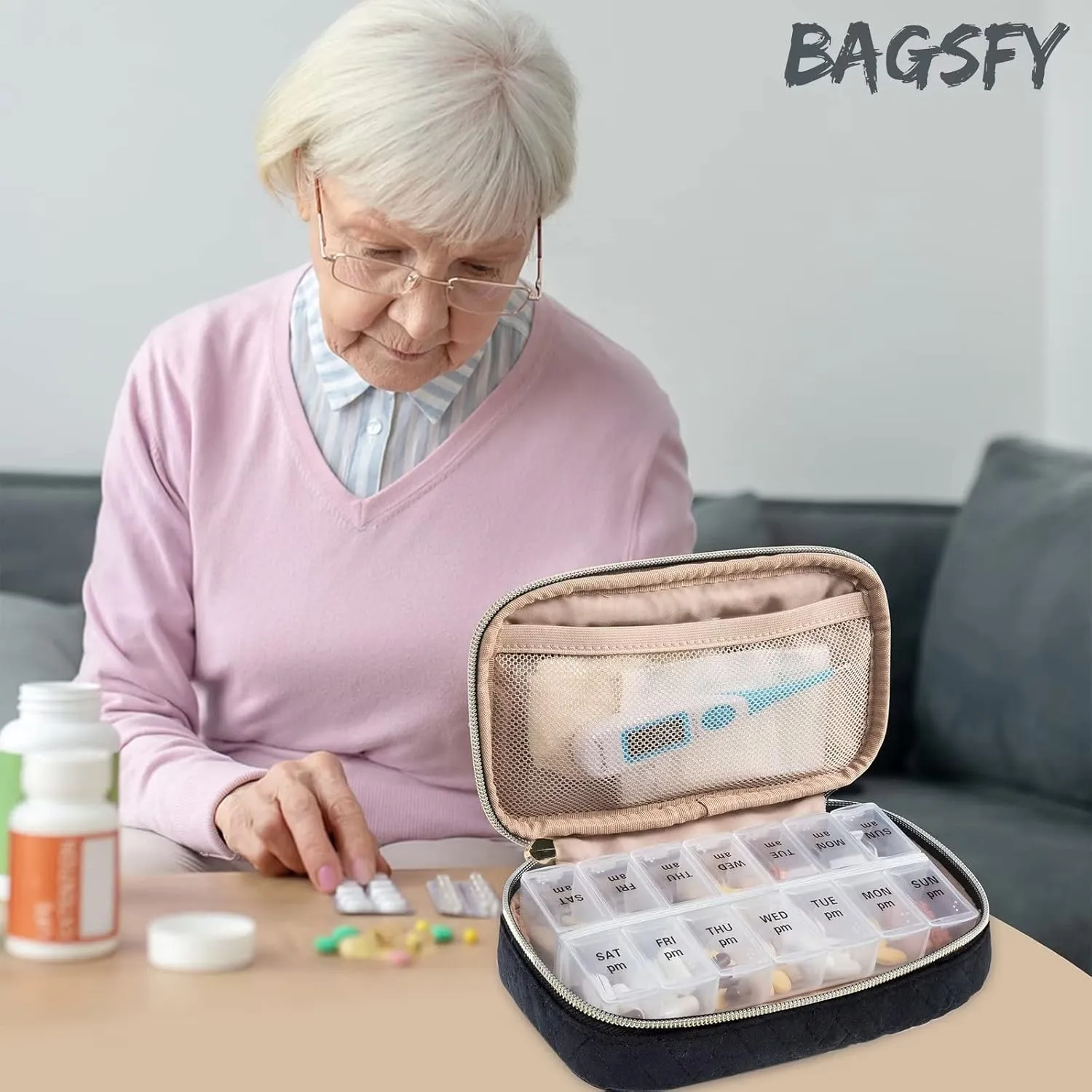 BAGSFY Pill Organizer Case 2 Times a Day- Weekly Medicine Organizer Travel Pill Box with Removable 7 Day Medicine Case Container for Fish Oil, Vitamin, Supplement