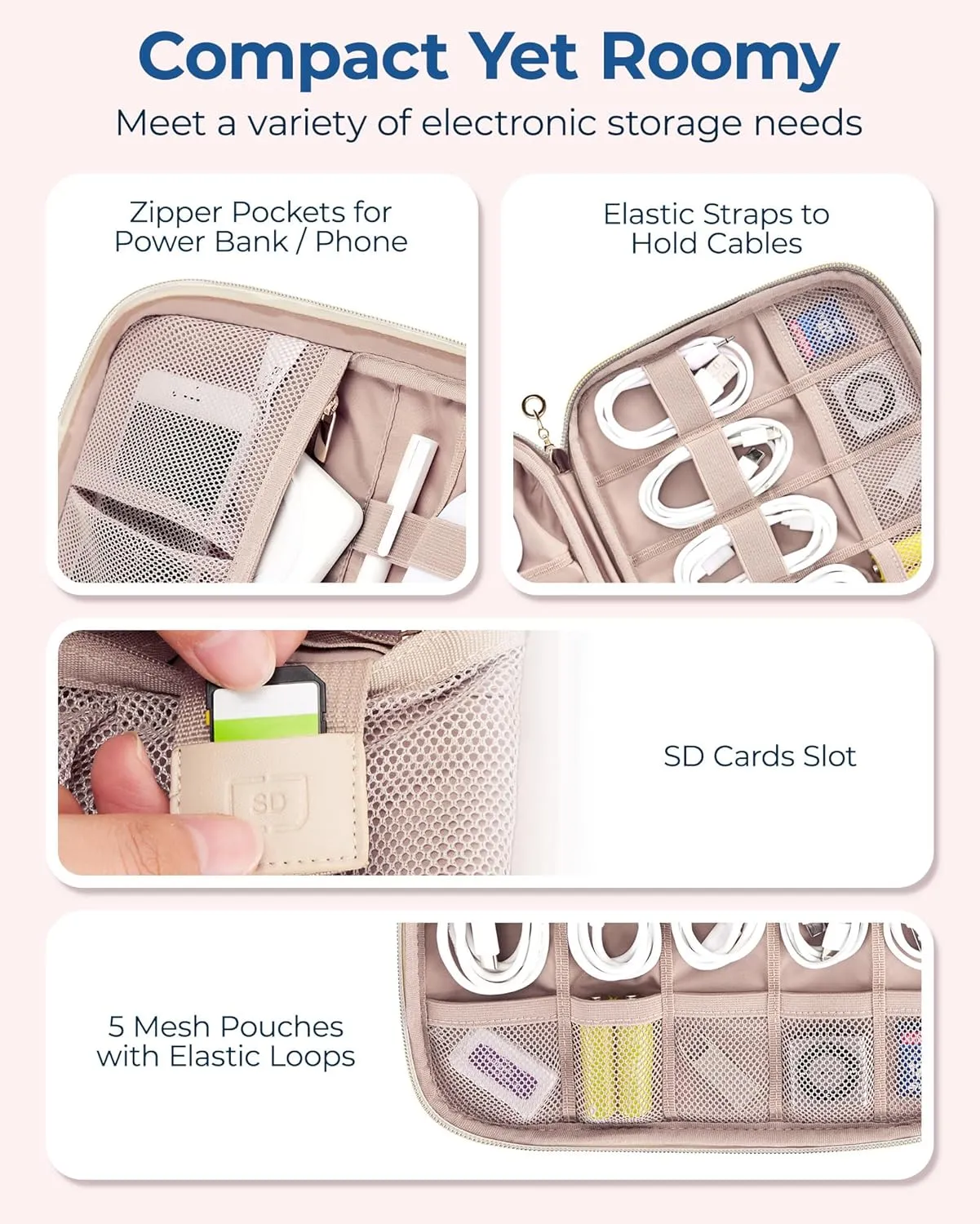 BAGSMART Electronics Organizer Travel Case, Cable SD Card Phone Accessories Organizer Bag for Women Travel Essentials, Warm Grey