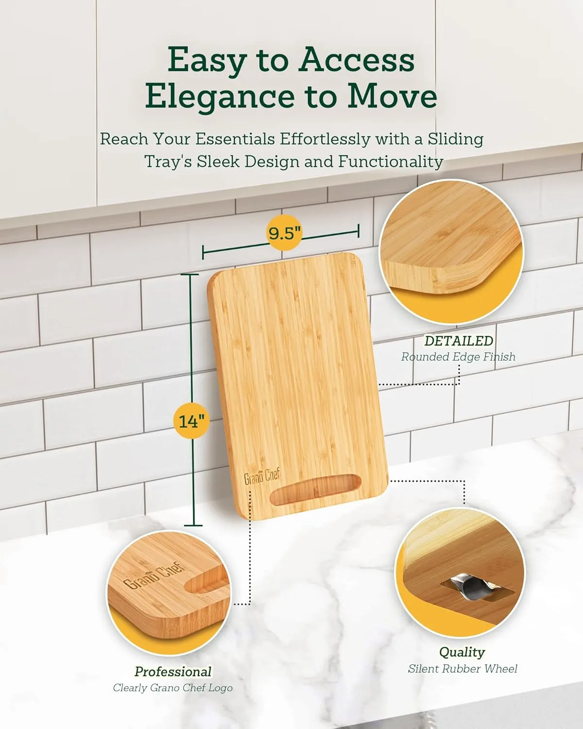 Bamboo Appliance Slider, Sliding Tray for Coffee Maker, Kitchen Countertop Appliance Rolling Tray, Coffee Pot Slider Tray with Rubber Wheels,Deep - Medium (9.5"D x 14"W)