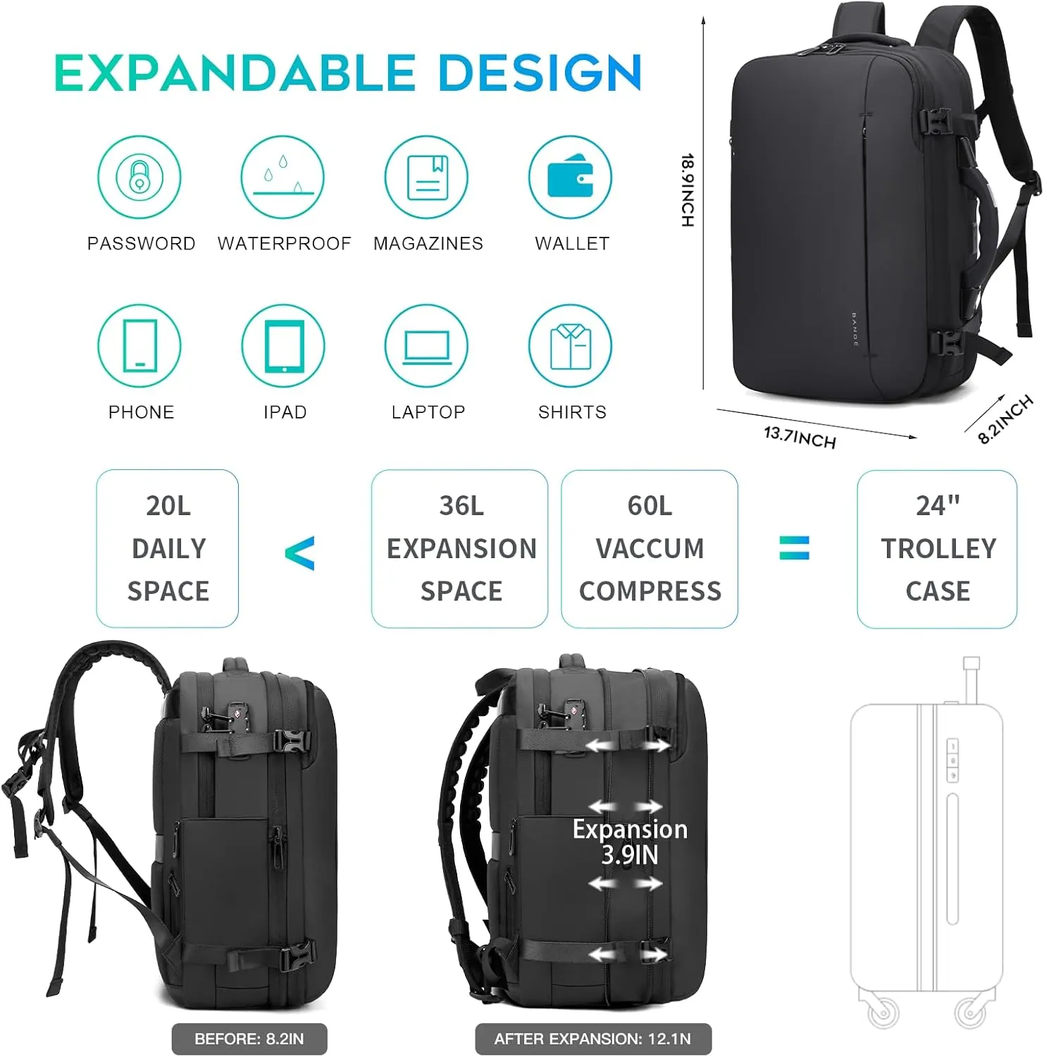 BANGE Airback Backpack with electronic scaleVacuum Compression Travel Backpack,Expandable Backpacks with Pump for Airplanes (With Air Pump)