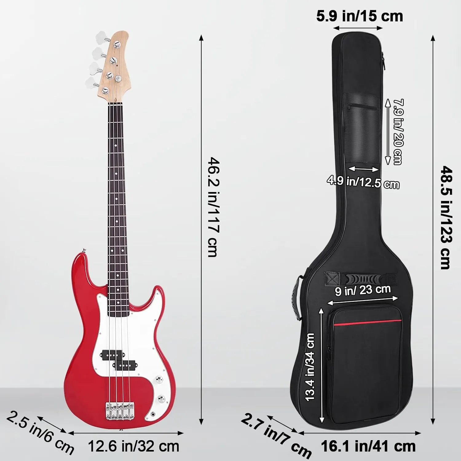 Bass Guitar Bag 7mm Padding Waterproof Electric Bass Case, Electric Bass Gig Bag Backpack with Neck Strap and Pockets, Black&Red Line
