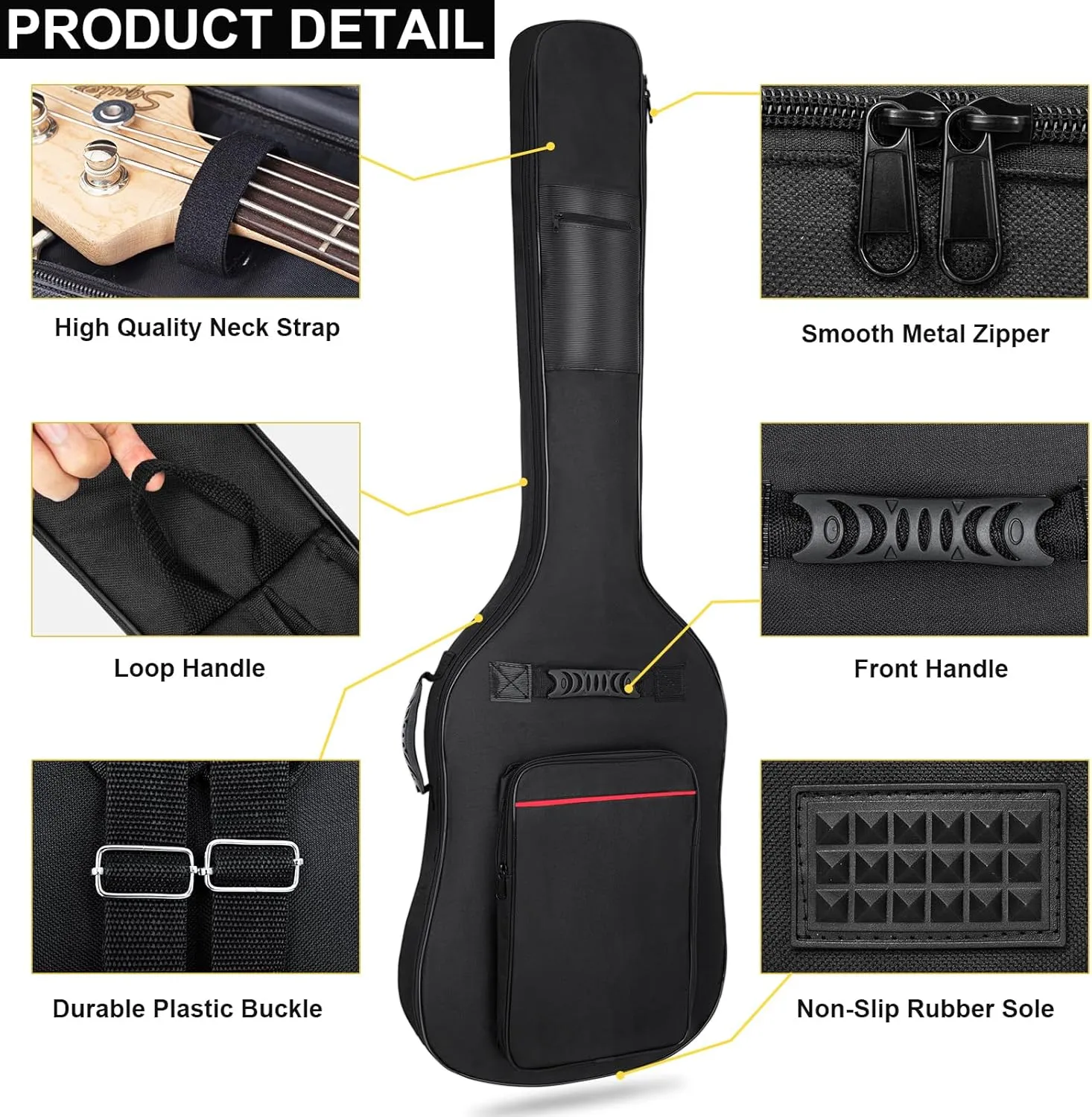 Bass Guitar Bag 7mm Padding Waterproof Electric Bass Case, Electric Bass Gig Bag Backpack with Neck Strap and Pockets, Black&Red Line