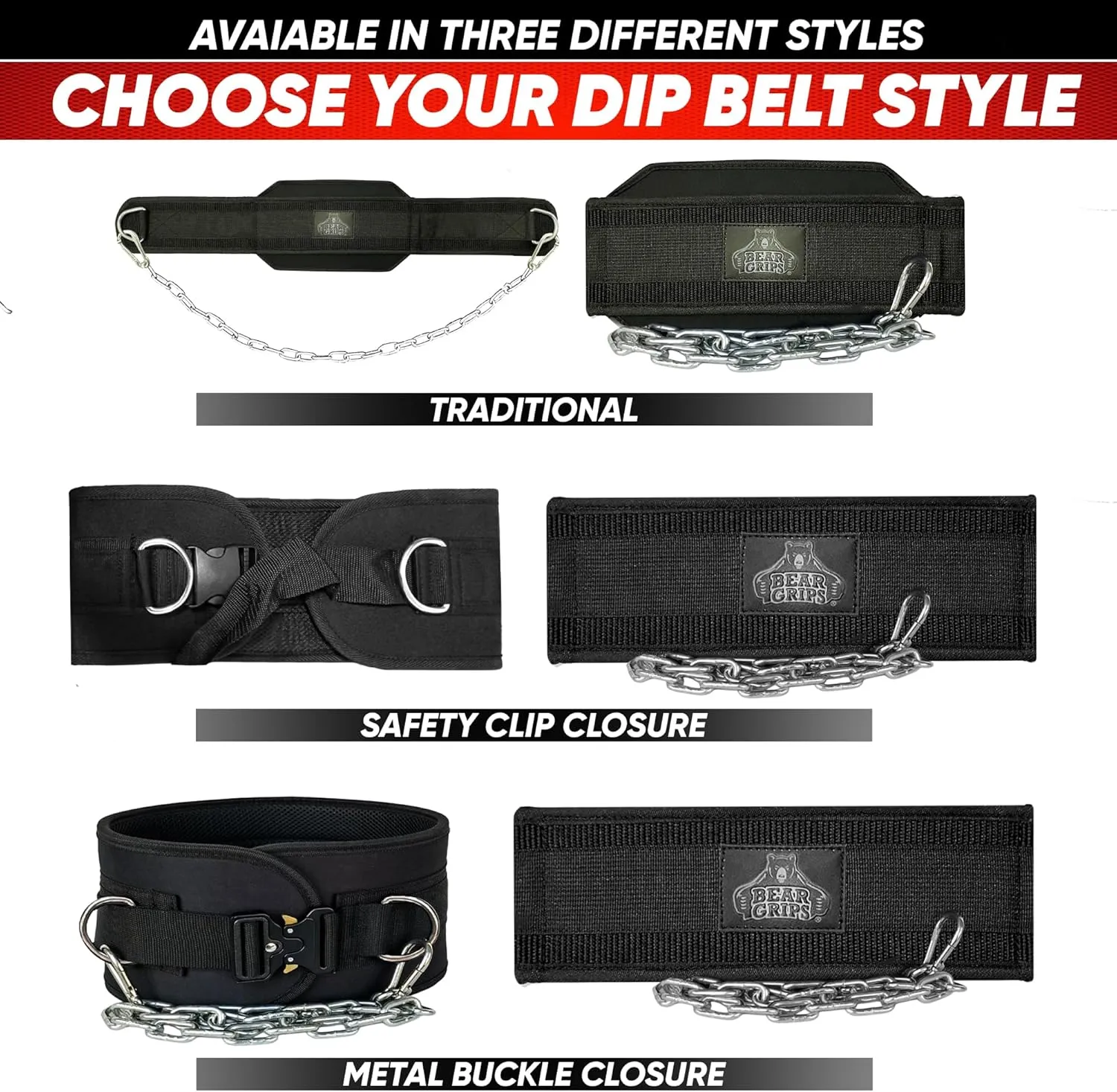 Bear Grips Dip Belt for Weight Lifting, Weight Belt for Pull Ups, Weighted Dip Belt, Weightlifting Belt for Chin Ups, With Steel Chain, 8mm Padded Support, Traditional, Plastic or Metal Buckle - Black