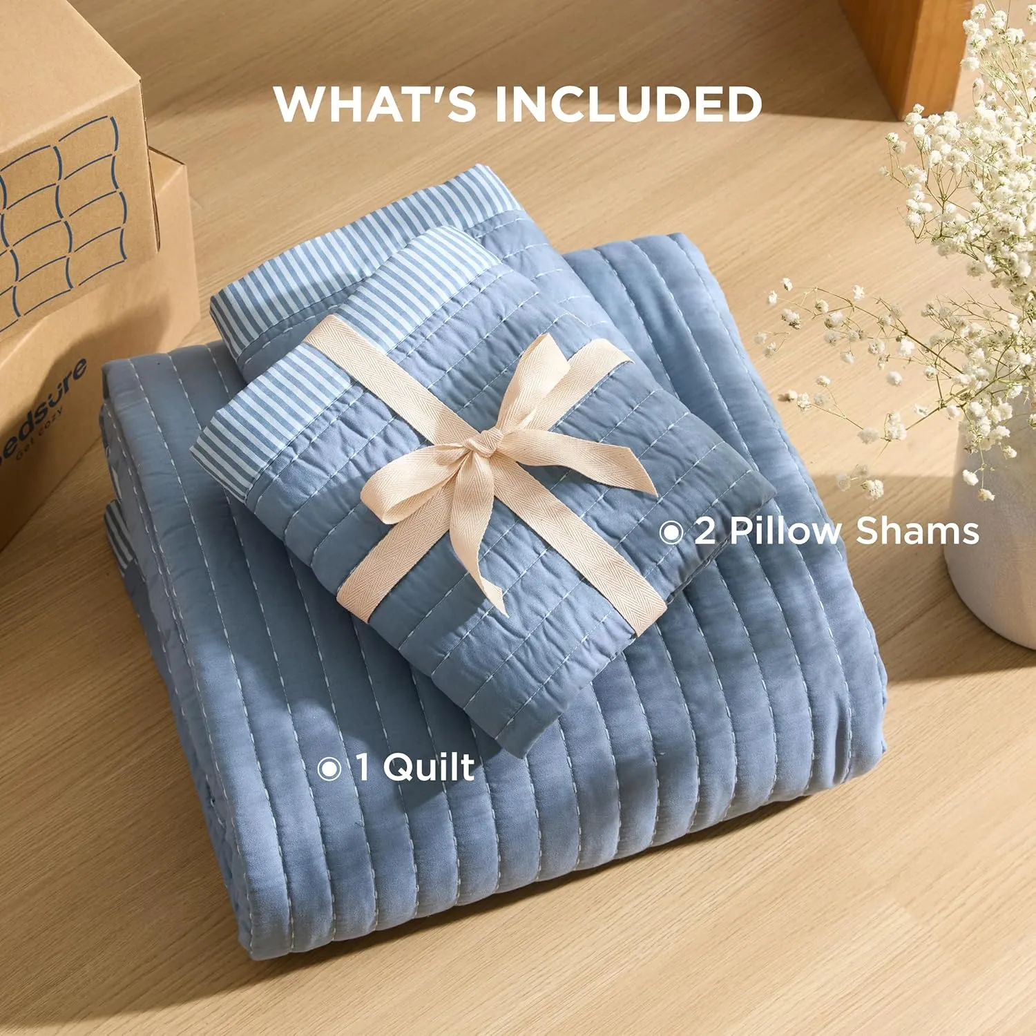 Bedsure Blue Bedspread Coverlet Queen Size - Lightweight Soft Quilt Bedding Set for All Seasons, Corduroy Pattern Quilt Set, 3 Pieces, 1 Quilt (90"x96") & 2 Pillow Shams (20"x26" 2")