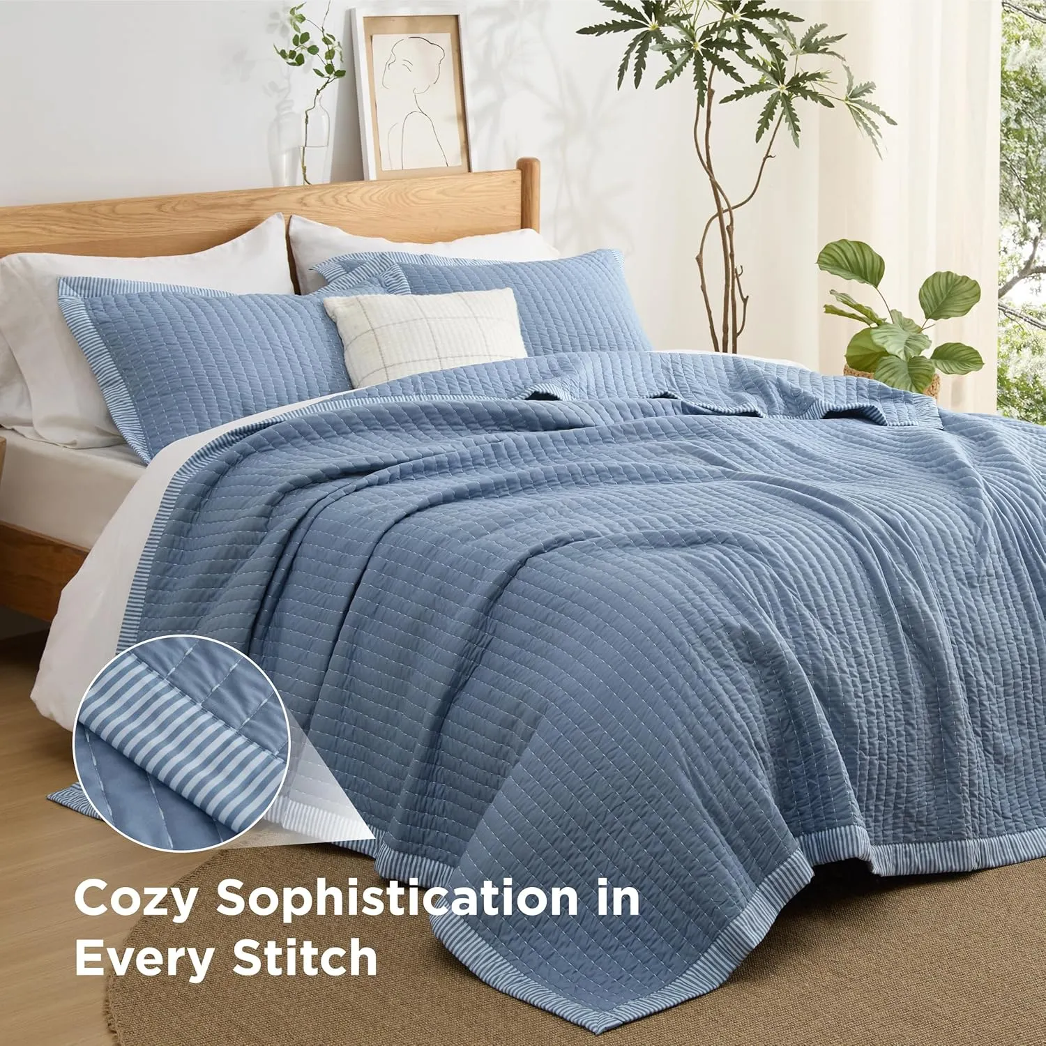 Bedsure Blue Bedspread Coverlet Queen Size - Lightweight Soft Quilt Bedding Set for All Seasons, Corduroy Pattern Quilt Set, 3 Pieces, 1 Quilt (90"x96") & 2 Pillow Shams (20"x26" 2")