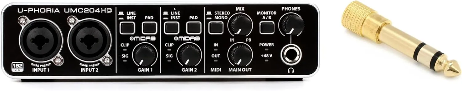 Behringer U-Phoria UMC204HD USB Audio Interface and 1/4 inch TRS Male to 3.5mm TRS Female Headphone Adapter
