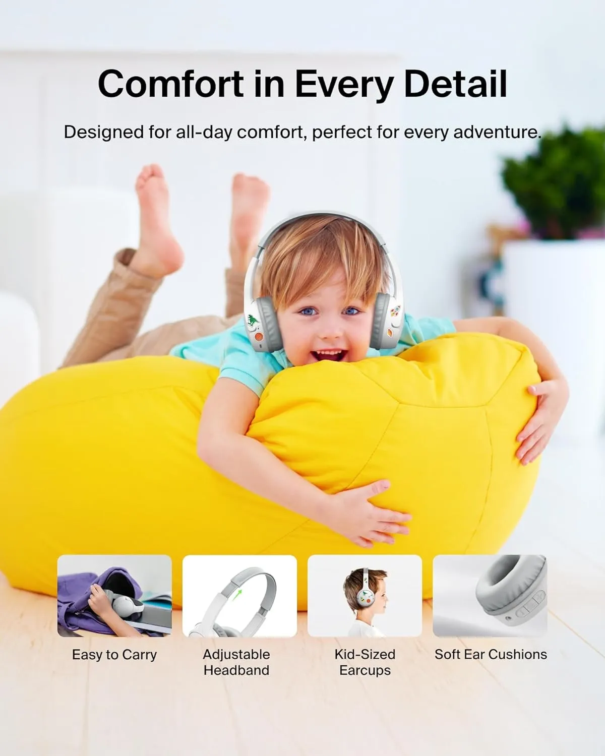 Belkin SoundForm Mini Kids Wireless Headphones w/Built-in Microphone, 30H of Playback Time, Fun Stickers, & Case - Over-Ear Headsets for Online Learning, School, iPhone, iPad, Galaxy, & More - White
