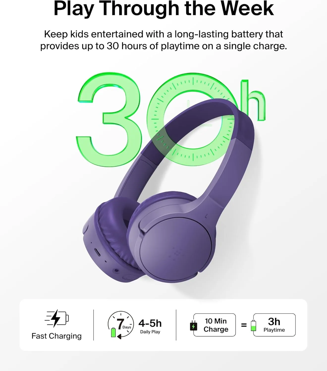 Belkin SoundForm Mini - Wireless Bluetooth Kids Headphones, 30H Battery, 85dB Safe Volume Limit, Built-in Microphone - Toddler On-Ear Earphones for iPhone, iPad - Ideal for School - Purple w/Case