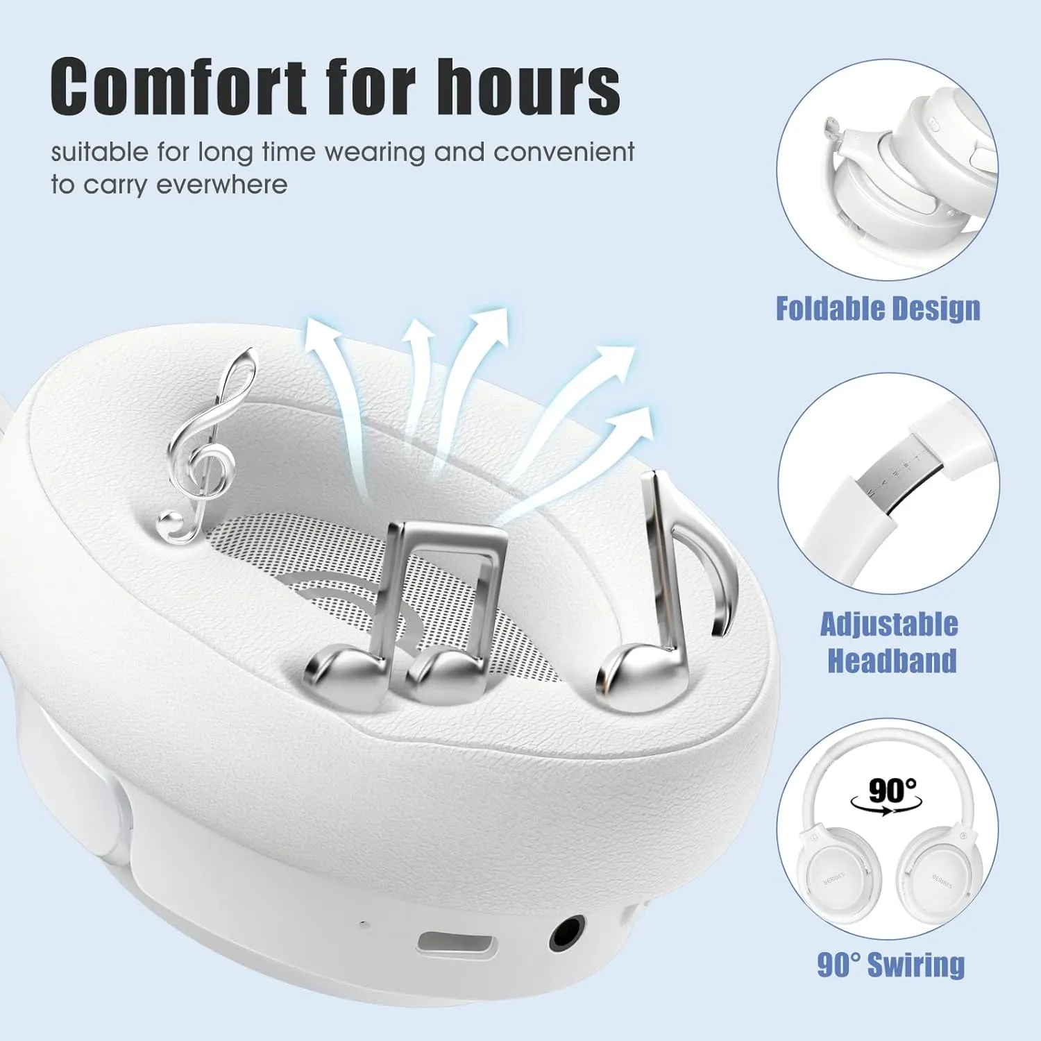BERIBES Bluetooth Headphones Over Ear, 65H Playtime and 6 EQ Music Modes Wireless Headphones with Microphone (White)