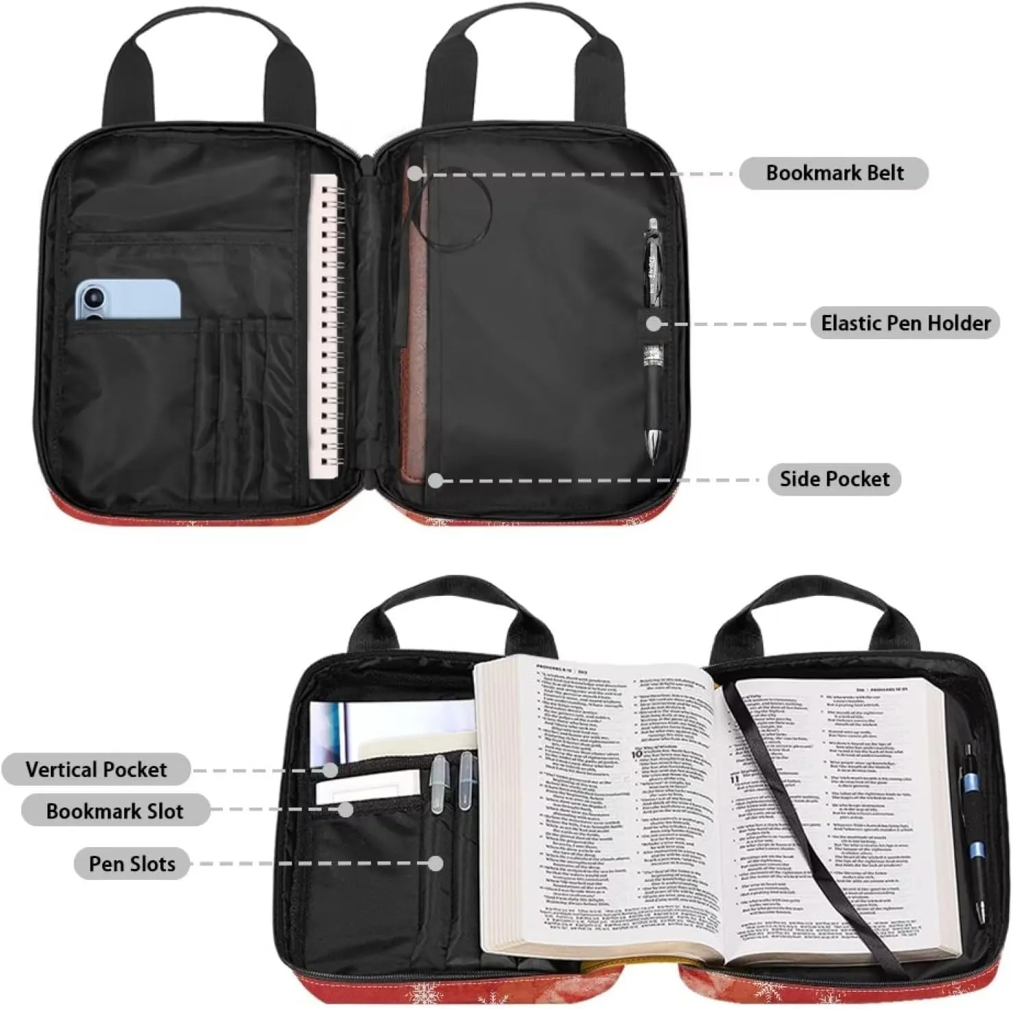 Bible Carrying Cover Scripture Handbag Bible Protective with Handle and Zippered Pocket Church Case for Women