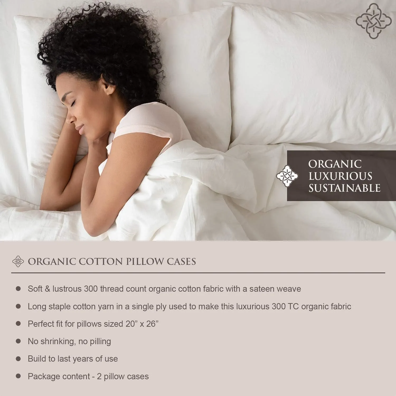 Bioweaves 100% Organic Cotton Envelope Pillow Cases 300 Thread Count Soft Sateen Weave GOTS Certified – 20 X 27, Set of 2, White