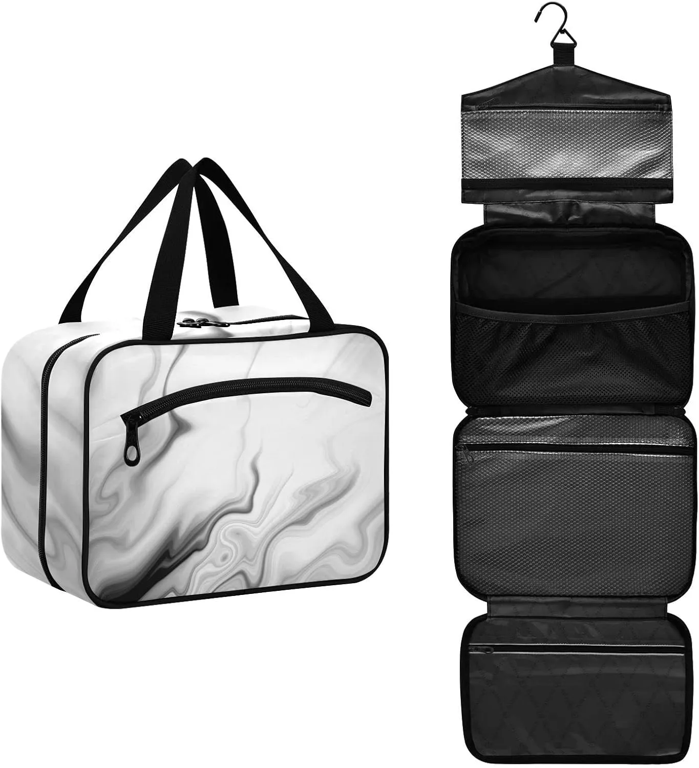 Black White Liquid Marble Agate Slab Paint Pastel Macro Wavy Women's Portable Makeup Bag with Handle Cosmetic Bag, Twill Cloth Travel Cosmetic Bag, Polyester Toiletry Bag for Women L Size