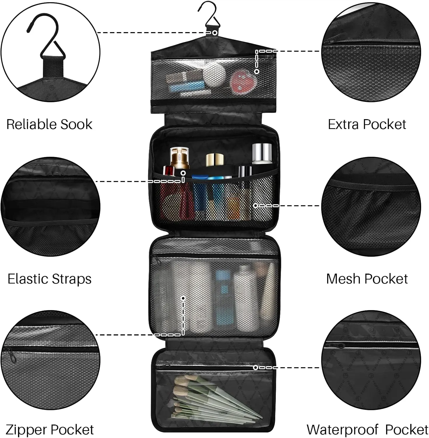 Black White Liquid Marble Agate Slab Paint Pastel Macro Wavy Women's Portable Makeup Bag with Handle Cosmetic Bag, Twill Cloth Travel Cosmetic Bag, Polyester Toiletry Bag for Women L Size