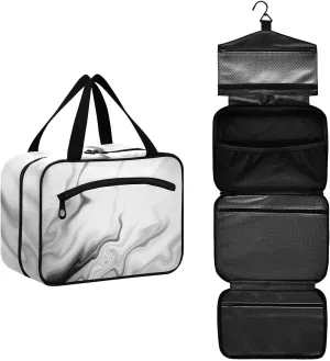 Black White Liquid Marble Agate Slab Paint Pastel Macro Wavy Women's Portable Makeup Bag with Handle Cosmetic Bag, Twill Cloth Travel Cosmetic Bag, Polyester Toiletry Bag for Women L Size